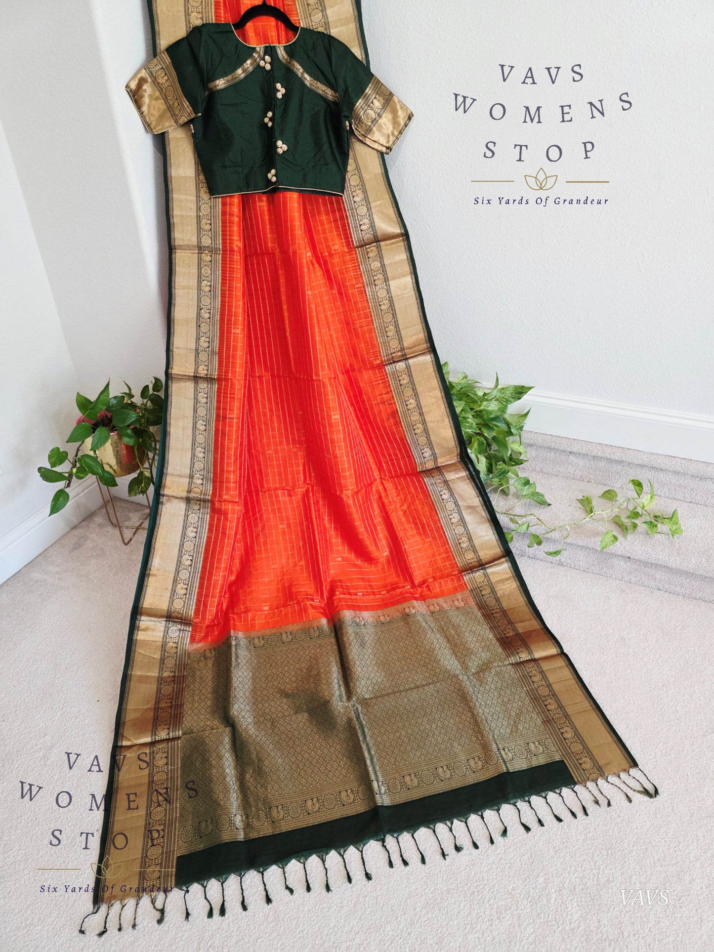 Pure Kanchi Soft Silk Saree in Orange and Bottle Green | Stitched Blouse