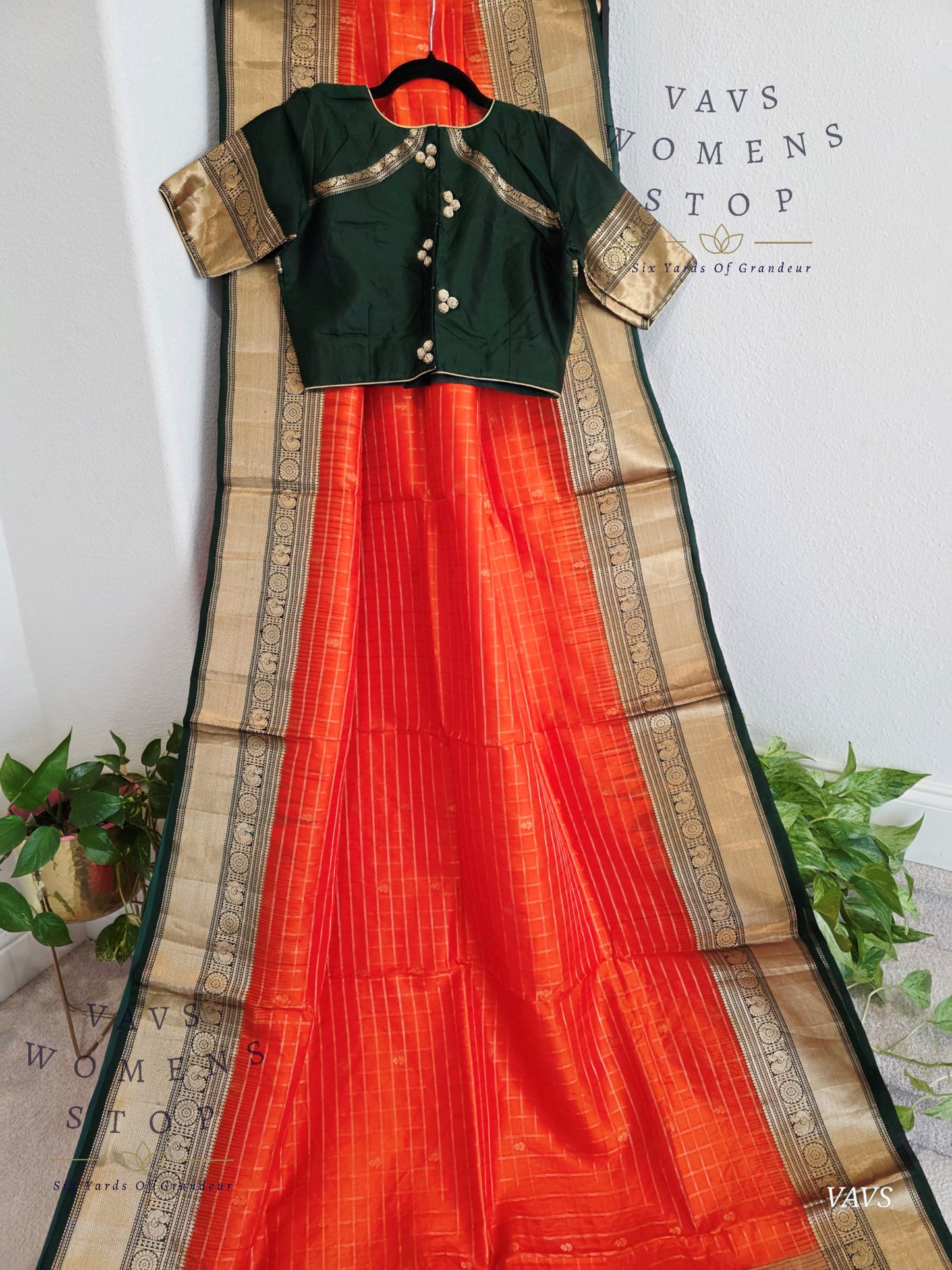 Pure Kanchi Soft Silk Saree in Orange and Bottle Green | Stitched Blouse