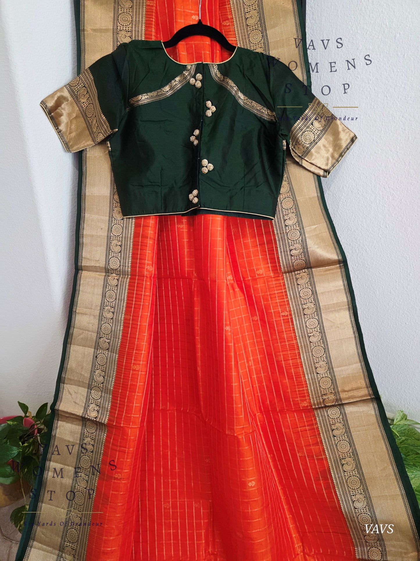 Pure Kanchi Soft Silk Saree in Orange and Bottle Green | Stitched Blouse