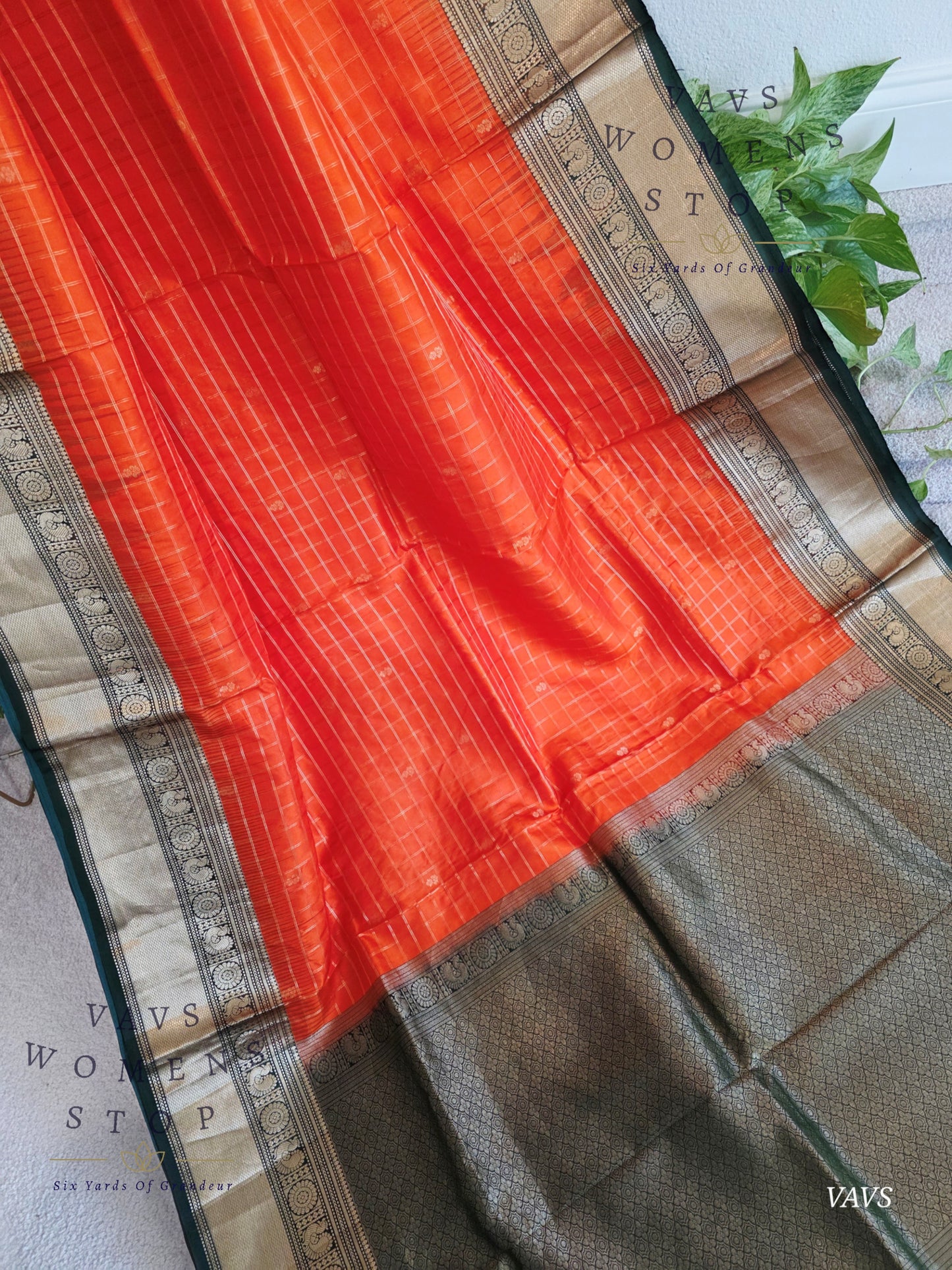 Pure Kanchi Soft Silk Saree in Orange and Bottle Green | Stitched Blouse