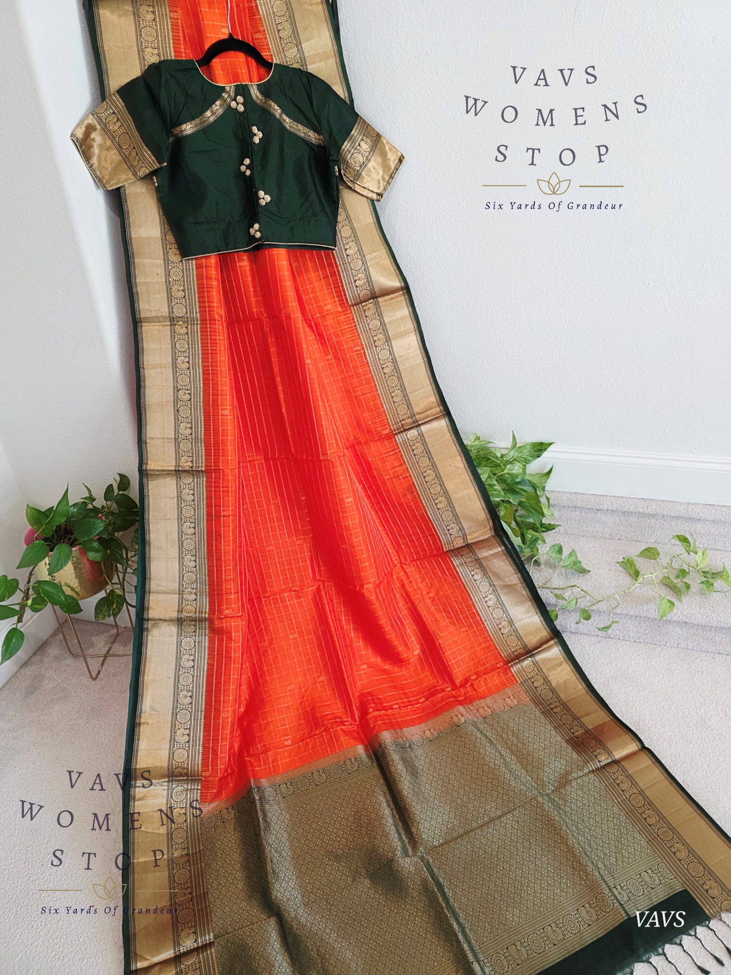 Pure Kanchi Soft Silk Saree in Orange and Bottle Green | Stitched Blouse