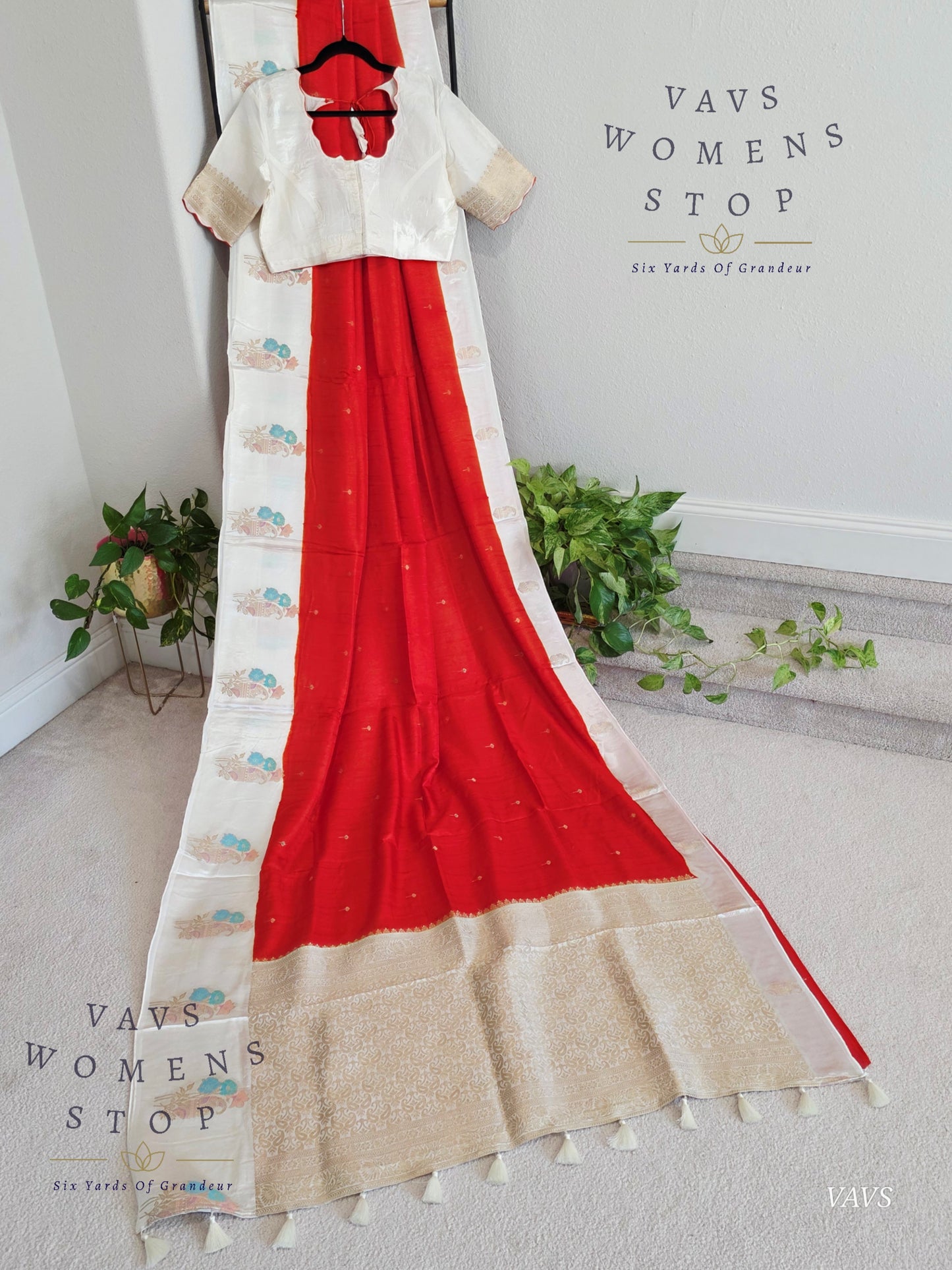 Dark Orange Dola Banarasi Crepe Silk Saree with Off-White Border | Stitched Blouse | Ready to Ship from Texas