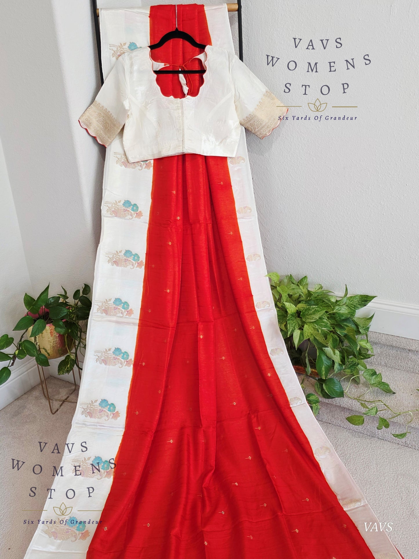 Dark Orange Dola Banarasi Crepe Silk Saree with Off-White Border | Stitched Blouse | Ready to Ship from Texas