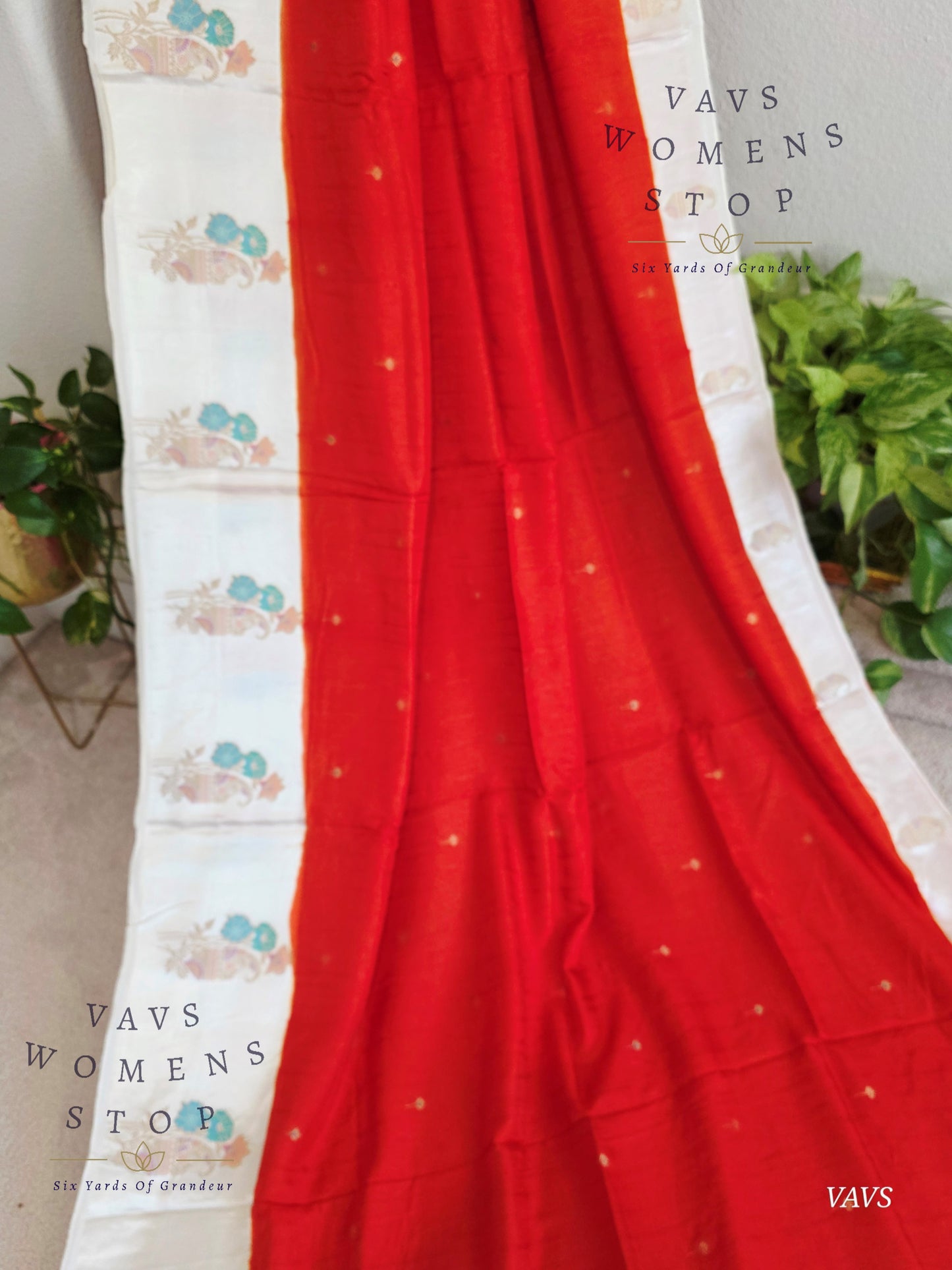 Dark Orange Dola Banarasi Crepe Silk Saree with Off-White Border | Stitched Blouse | Ready to Ship from Texas