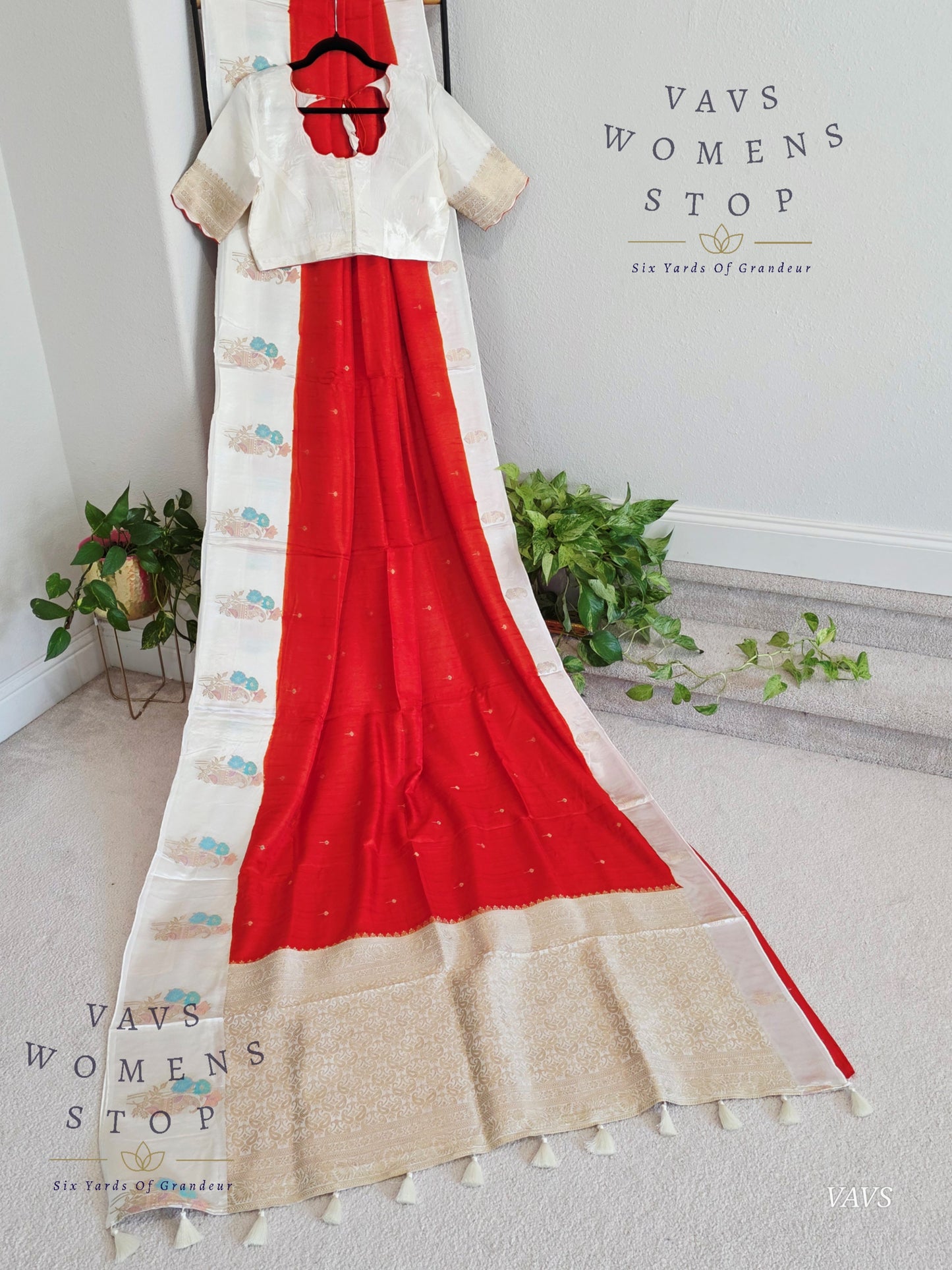 Dark Orange Dola Banarasi Crepe Silk Saree with Off-White Border | Stitched Blouse | Ready to Ship from Texas