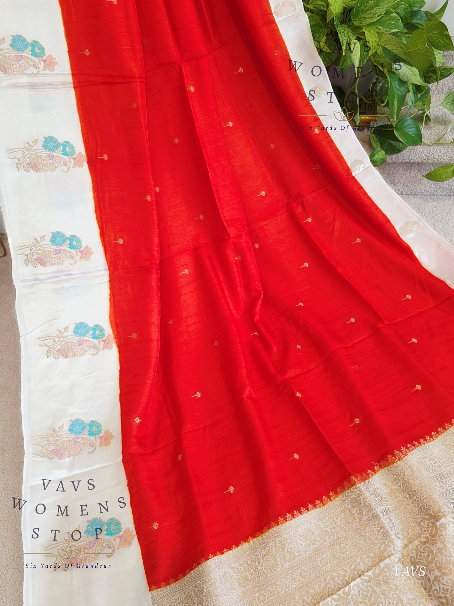 Dark Orange Dola Banarasi Crepe Silk Saree with Off-White Border | Stitched Blouse | Ready to Ship from Texas