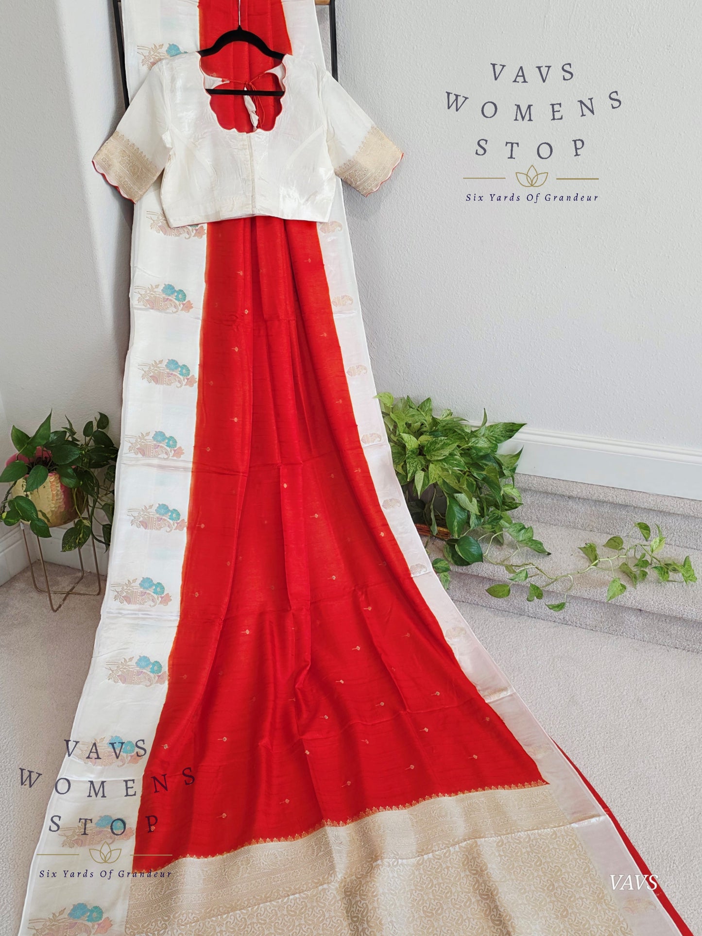 Dark Orange Dola Banarasi Crepe Silk Saree with Off-White Border | Stitched Blouse | Ready to Ship from Texas