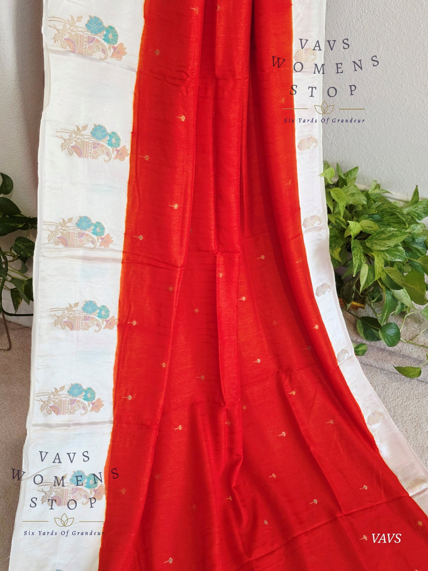 Dark Orange Dola Banarasi Crepe Silk Saree with Off-White Border | Stitched Blouse | Ready to Ship from Texas