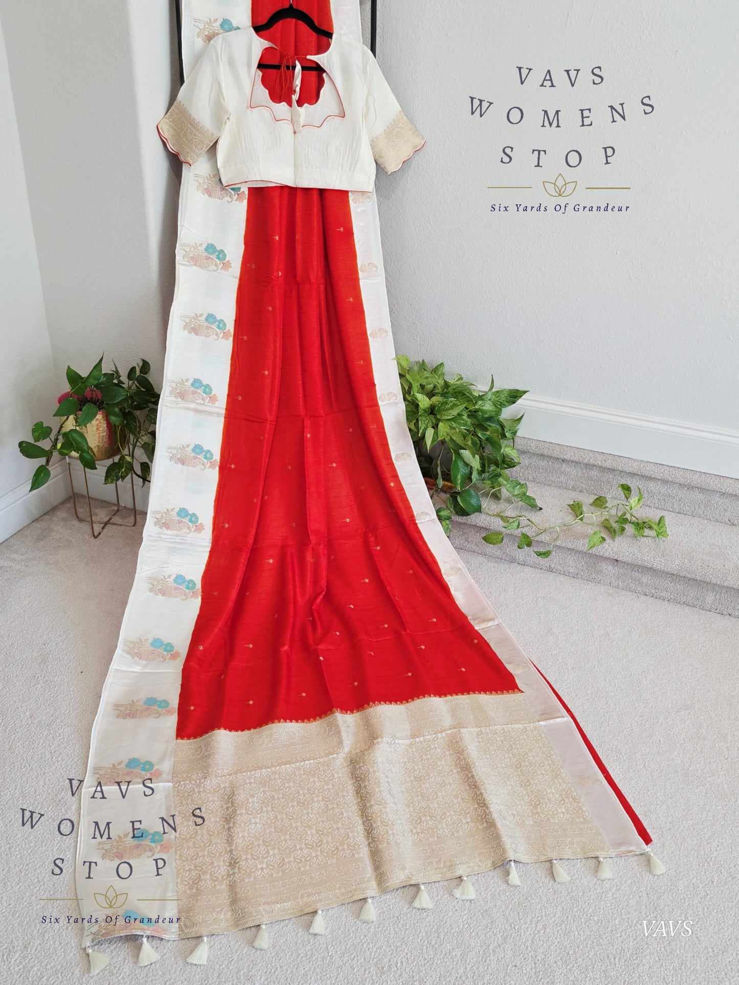 Dark Orange Dola Banarasi Crepe Silk Saree with Off-White Border | Stitched Blouse | Ready to Ship from Texas
