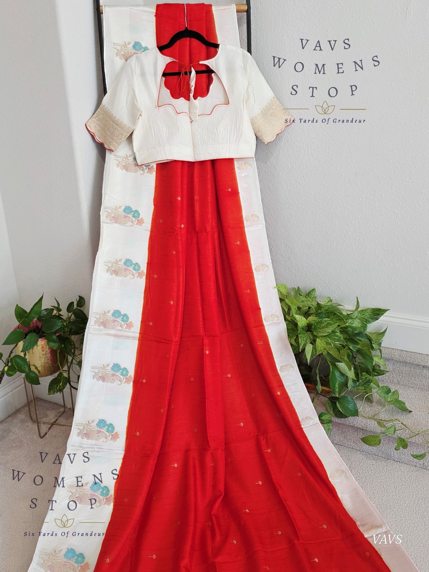 Dark Orange Dola Banarasi Crepe Silk Saree with Off-White Border | Stitched Blouse | Ready to Ship from Texas