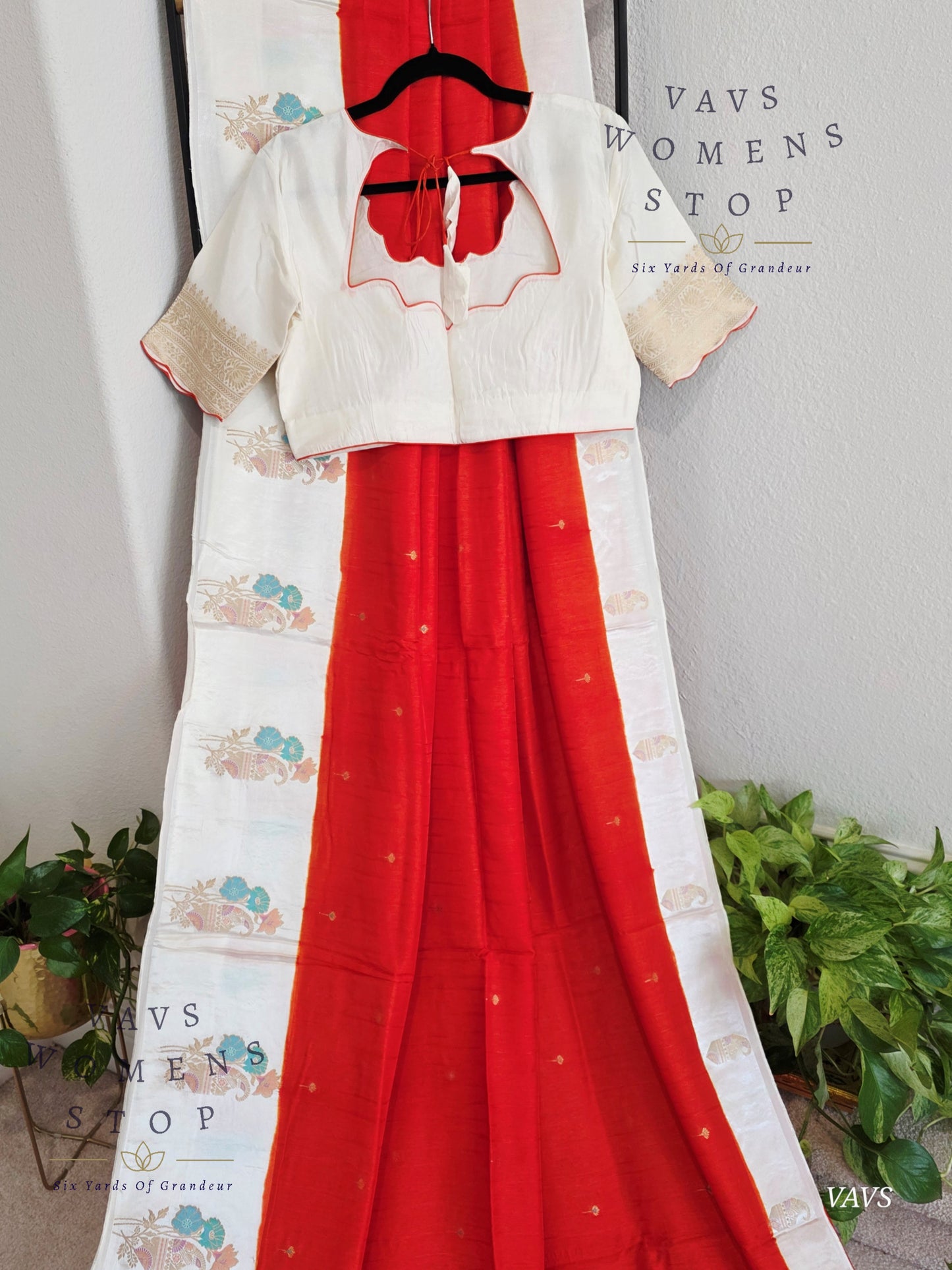 Dark Orange Dola Banarasi Crepe Silk Saree with Off-White Border | Stitched Blouse | Ready to Ship from Texas