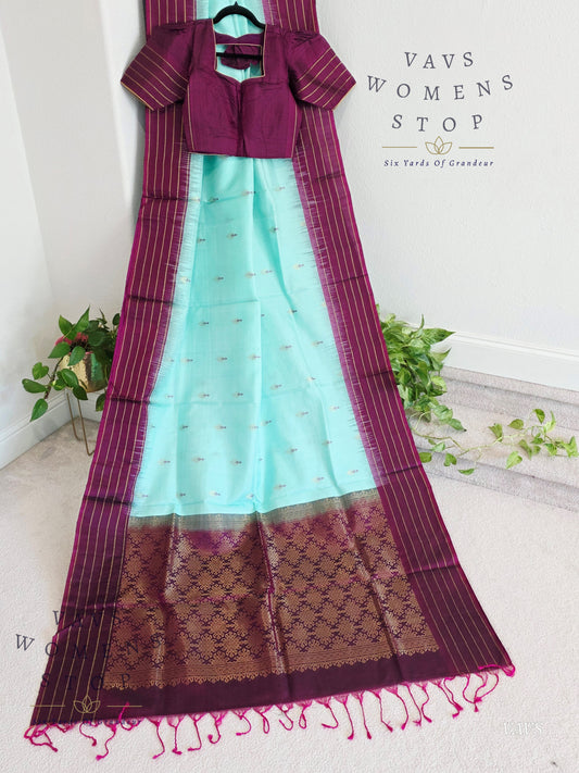 Pure Kanchi Soft Silk Saree in Sea Green Blue with Purple Border - Stitched Blouse