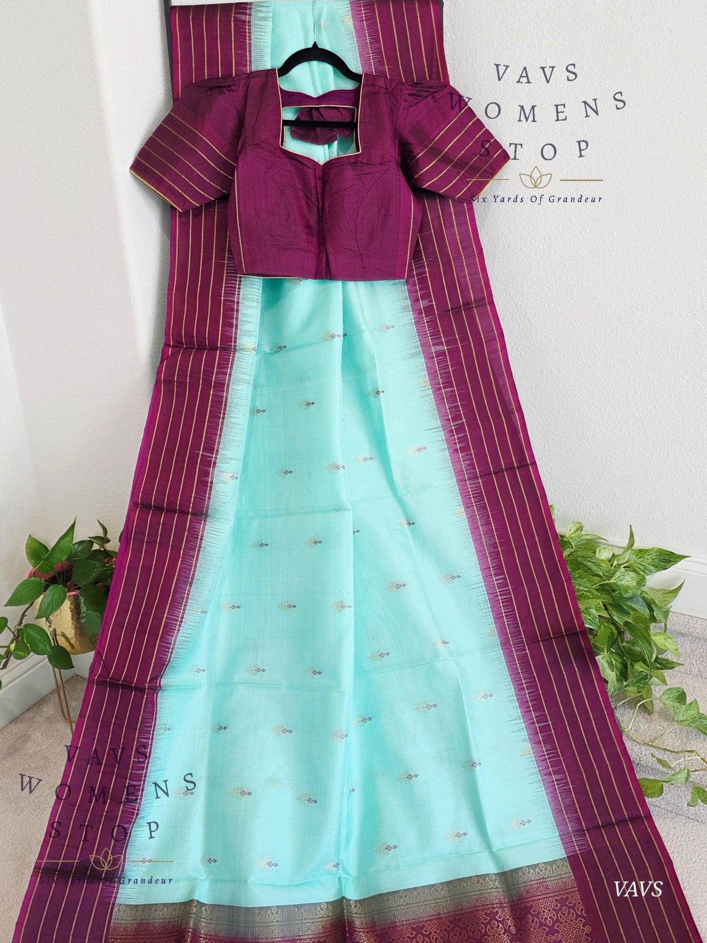 Pure Kanchi Soft Silk Saree in Sea Green Blue with Purple Border - Stitched Blouse