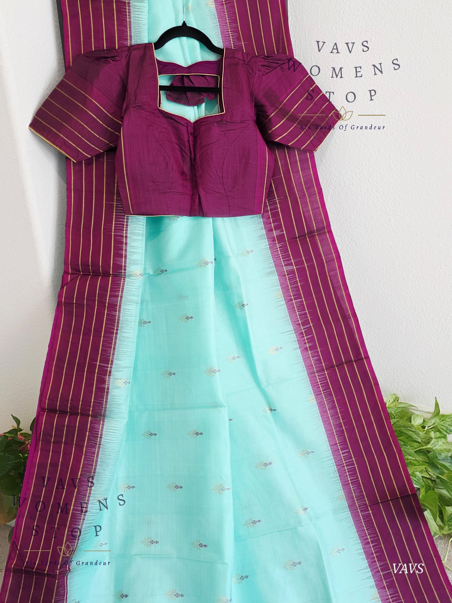 Pure Kanchi Soft Silk Saree in Sea Green Blue with Purple Border - Stitched Blouse