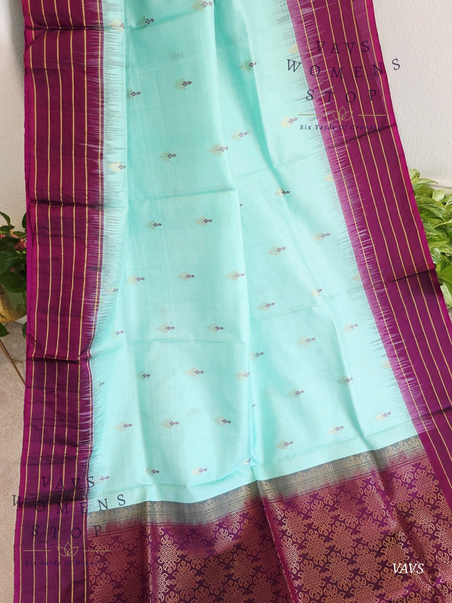 Pure Kanchi Soft Silk Saree in Sea Green Blue with Purple Border - Stitched Blouse