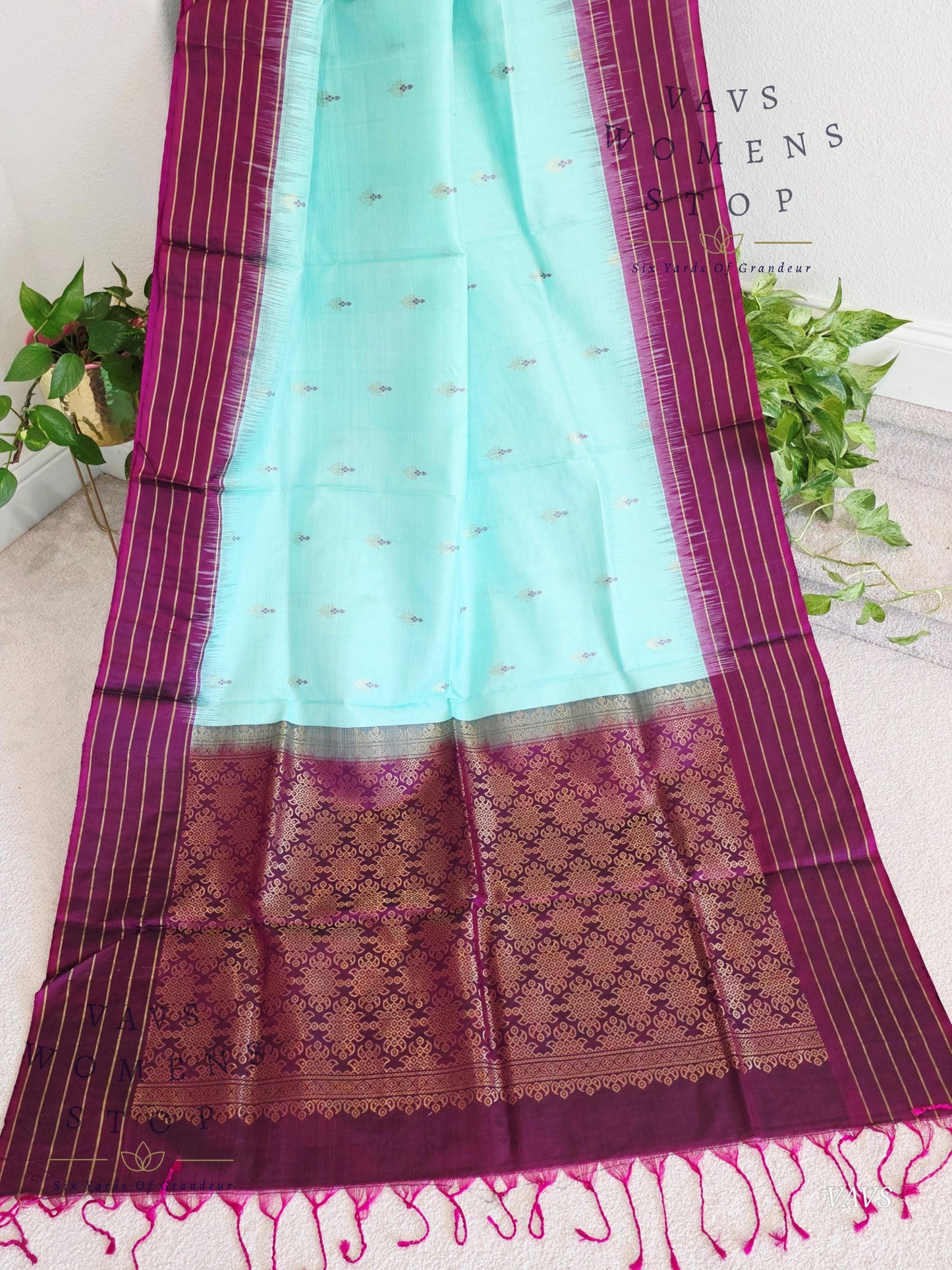 Pure Kanchi Soft Silk Saree in Sea Green Blue with Purple Border - Stitched Blouse