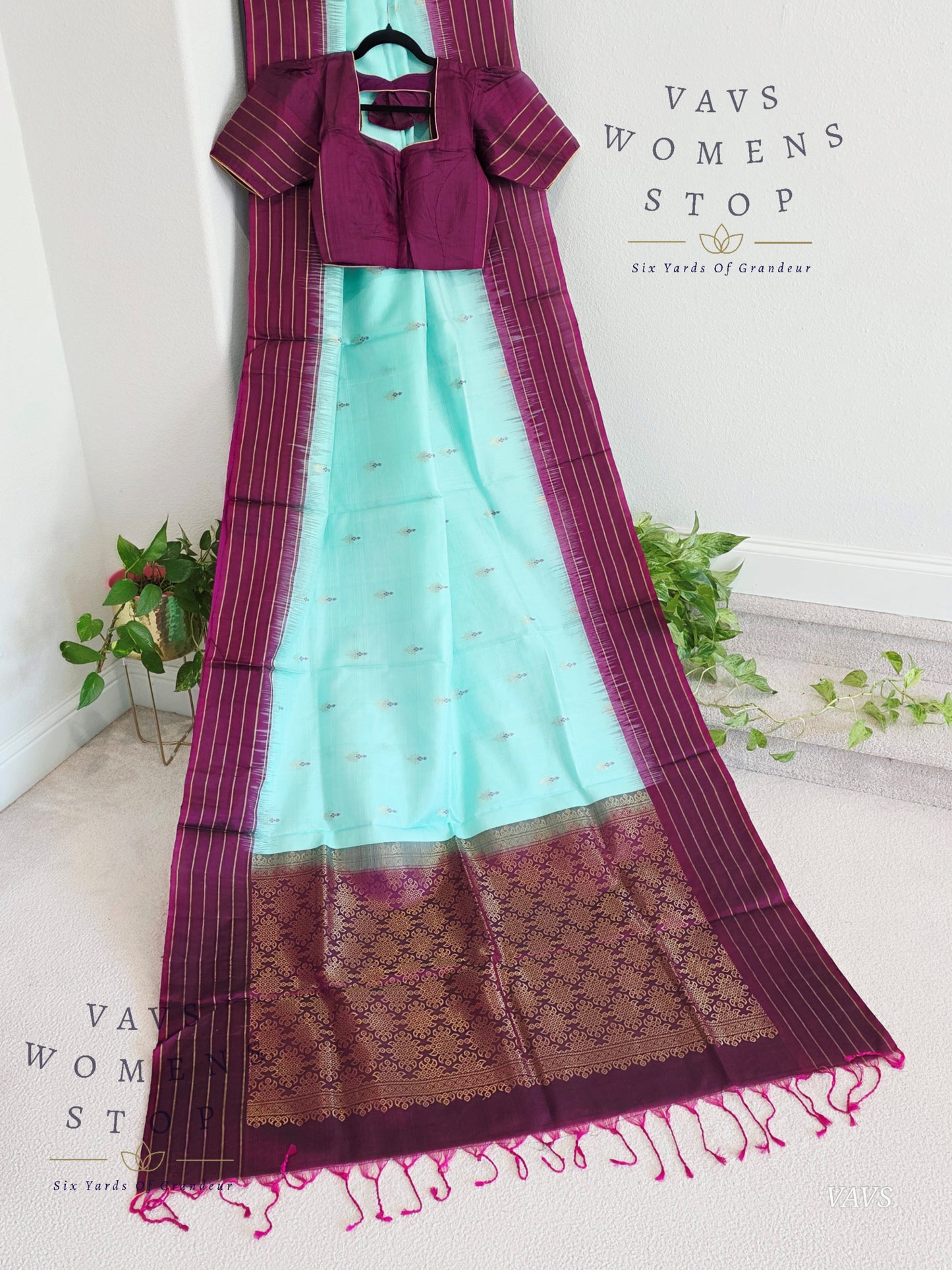 Pure Kanchi Soft Silk Saree in Sea Green Blue with Purple Border - Stitched Blouse