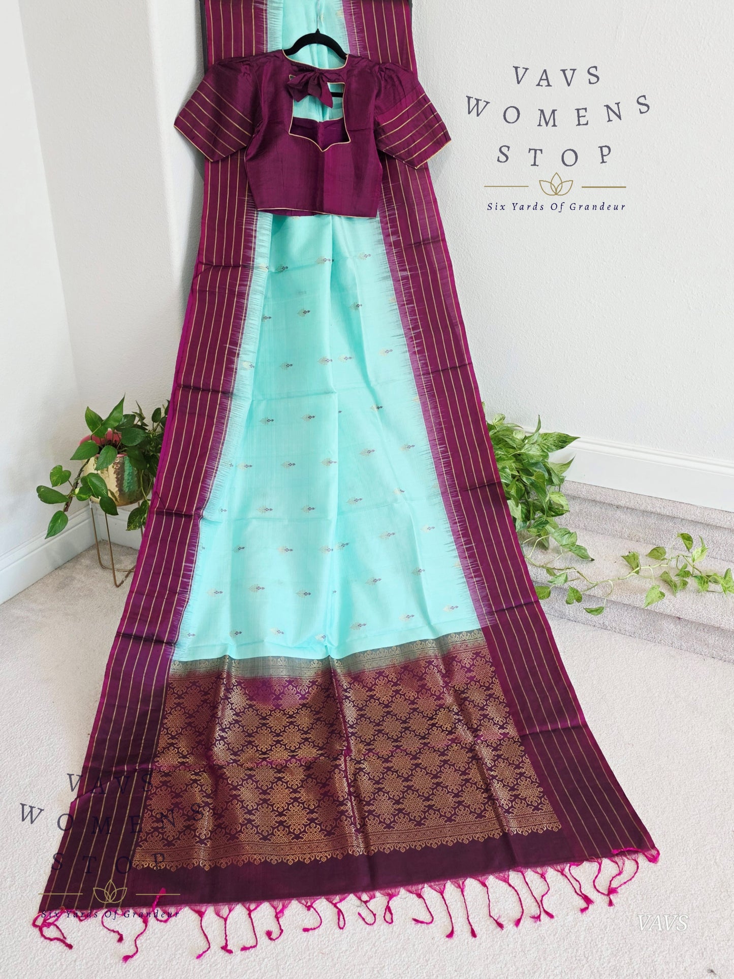 Pure Kanchi Soft Silk Saree in Sea Green Blue with Purple Border - Stitched Blouse