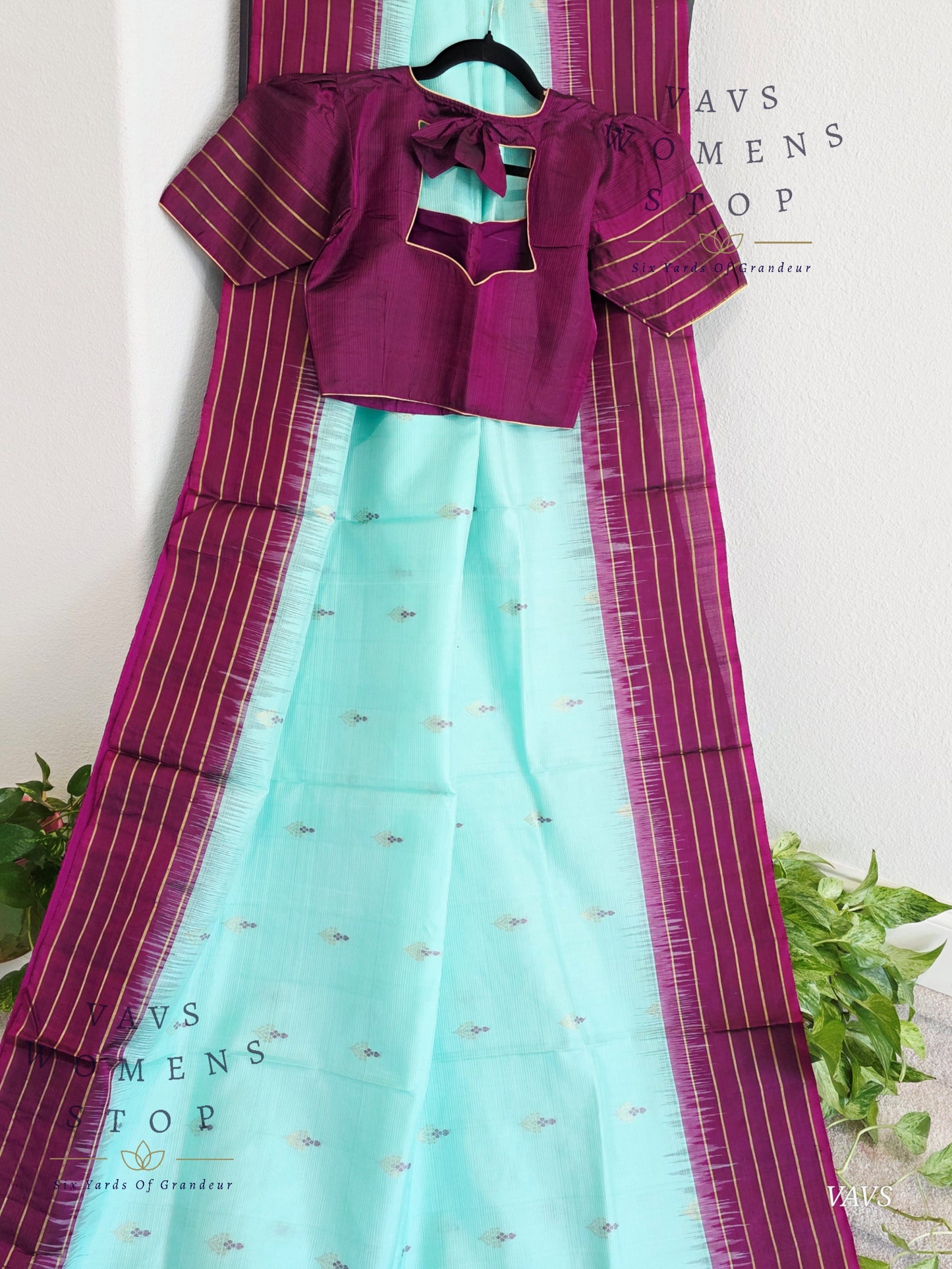 Pure Kanchi Soft Silk Saree in Sea Green Blue with Purple Border - Stitched Blouse