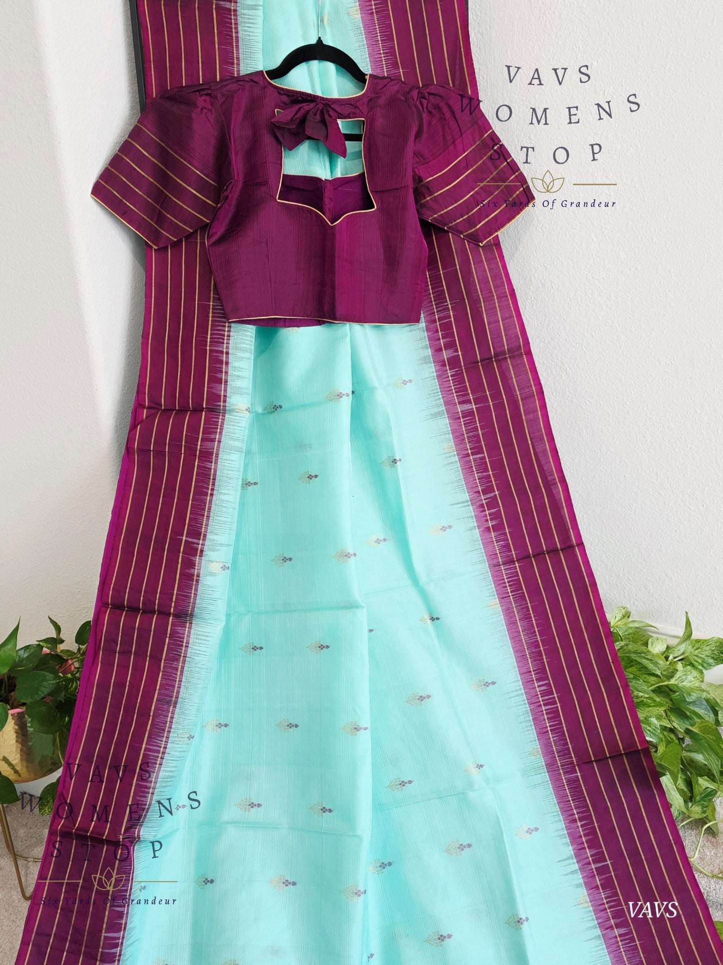 Pure Kanchi Soft Silk Saree in Sea Green Blue with Purple Border - Stitched Blouse