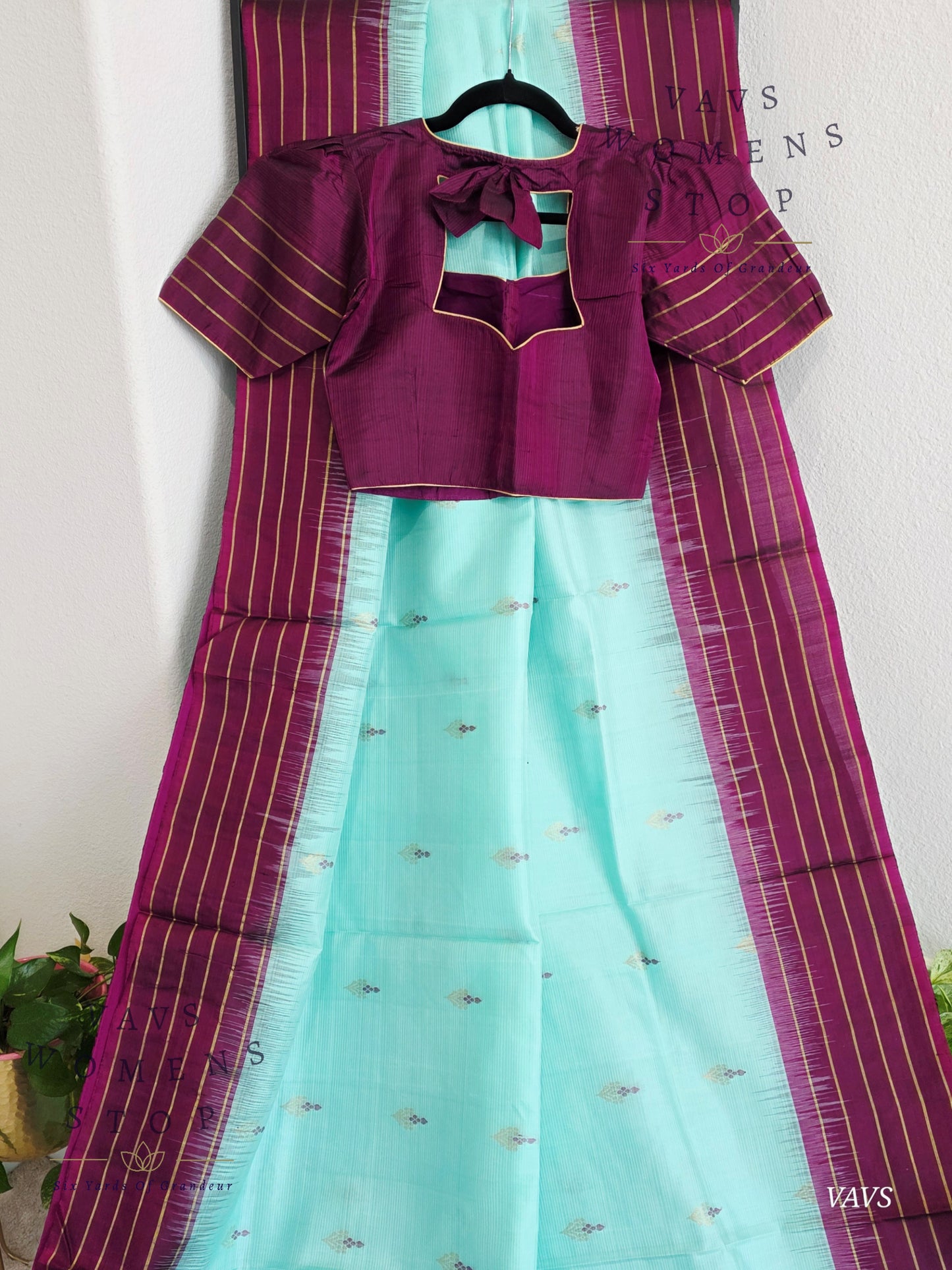 Pure Kanchi Soft Silk Saree in Sea Green Blue with Purple Border - Stitched Blouse