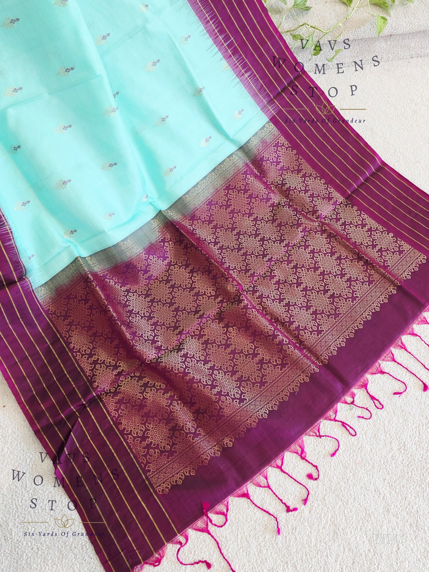 Pure Kanchi Soft Silk Saree in Sea Green Blue with Purple Border - Stitched Blouse