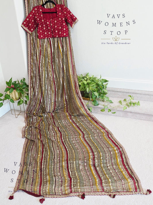 Viscose Georgette Designer Striped Saree with Lace Border with Stitched Blouse