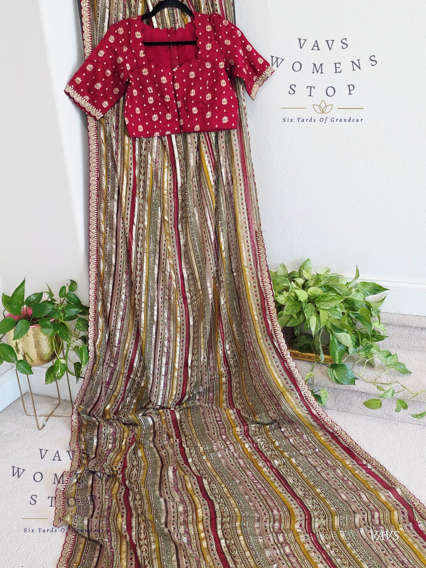 Viscose Georgette Designer Striped Saree with Lace Border with Stitched Blouse