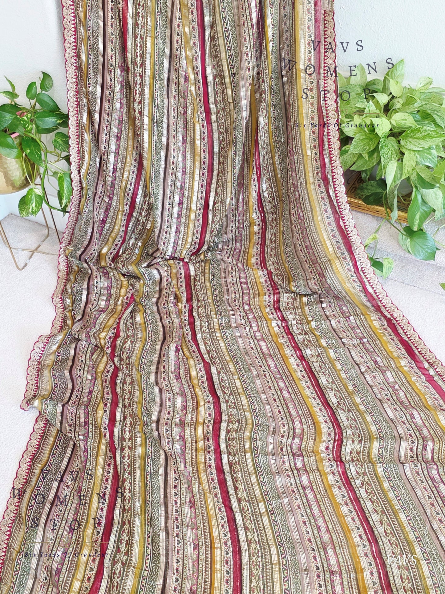 Viscose Georgette Designer Striped Saree with Lace Border with Stitched Blouse