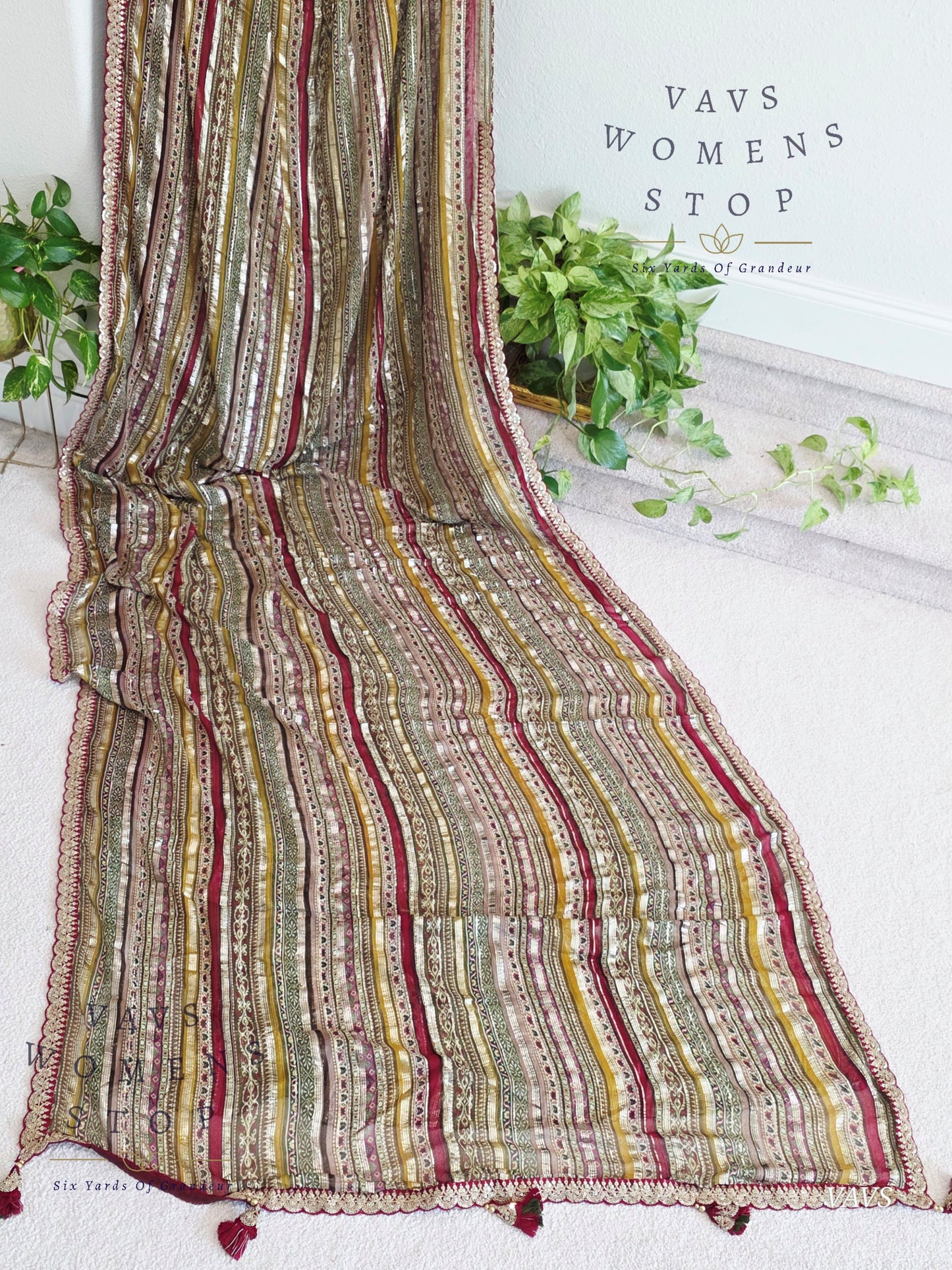 Viscose Georgette Designer Striped Saree with Lace Border with Stitched Blouse