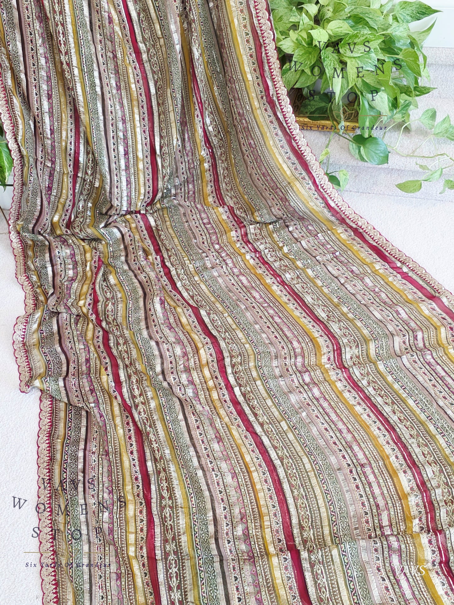 Viscose Georgette Designer Striped Saree with Lace Border with Stitched Blouse