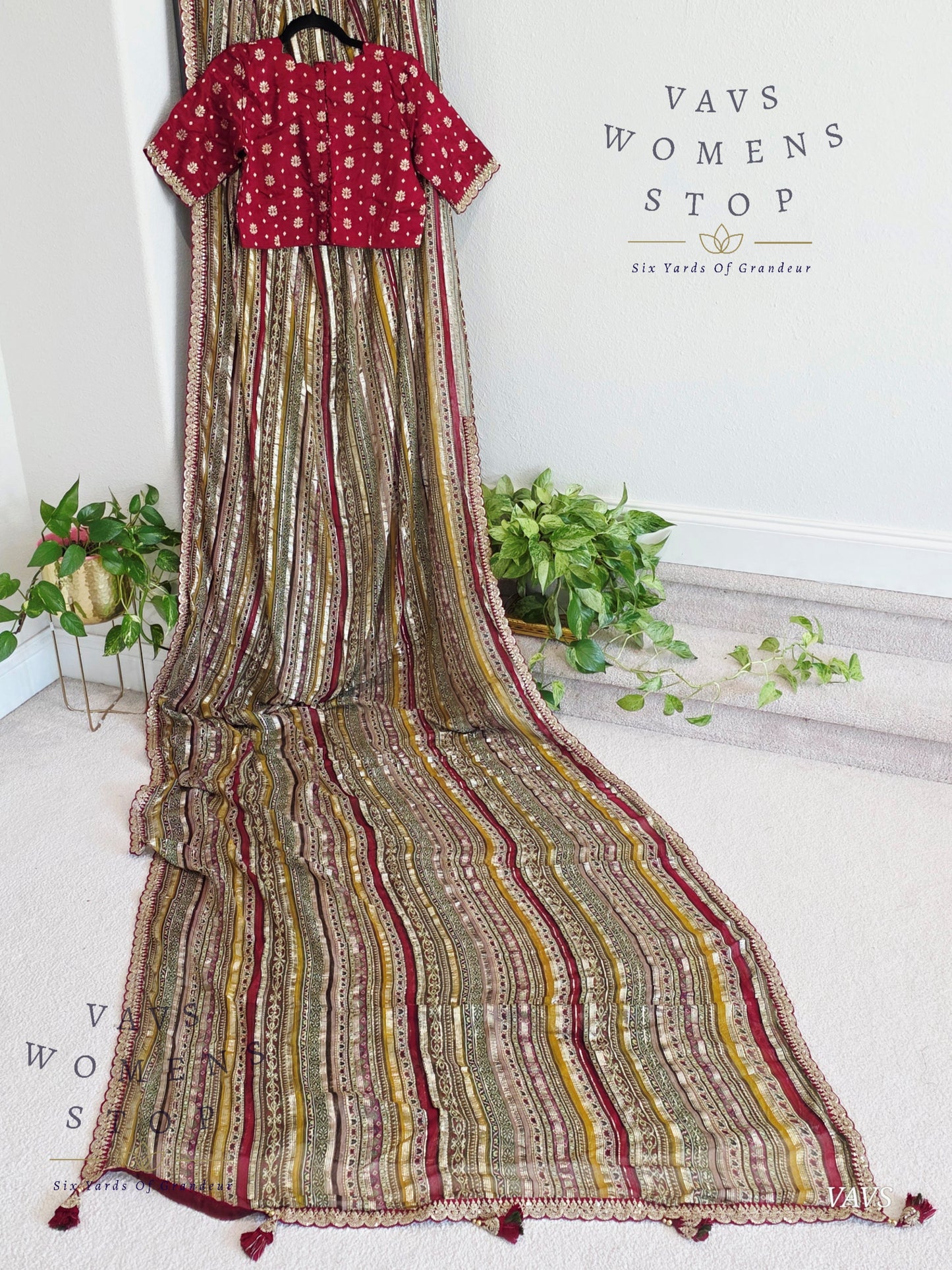 Viscose Georgette Designer Striped Saree with Lace Border with Stitched Blouse