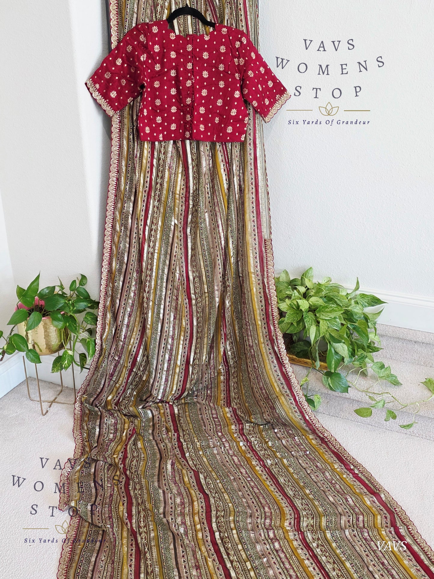 Viscose Georgette Designer Striped Saree with Lace Border with Stitched Blouse