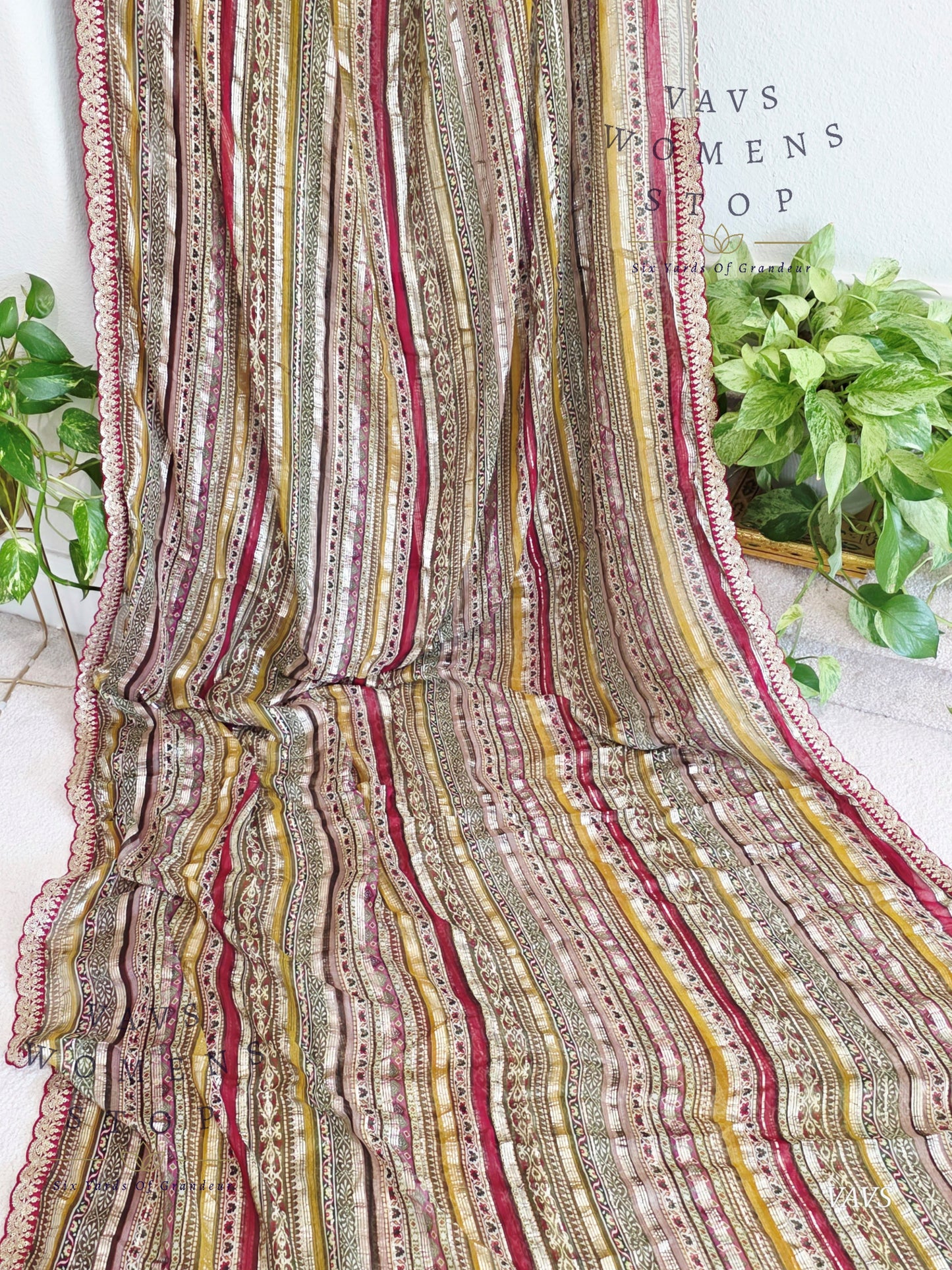 Viscose Georgette Designer Striped Saree with Lace Border with Stitched Blouse