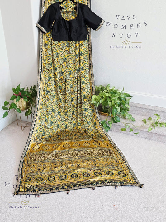 Ajrakh Print Satin Semi Crepe Silk Saree with Lace Border & Stitched Blouse
