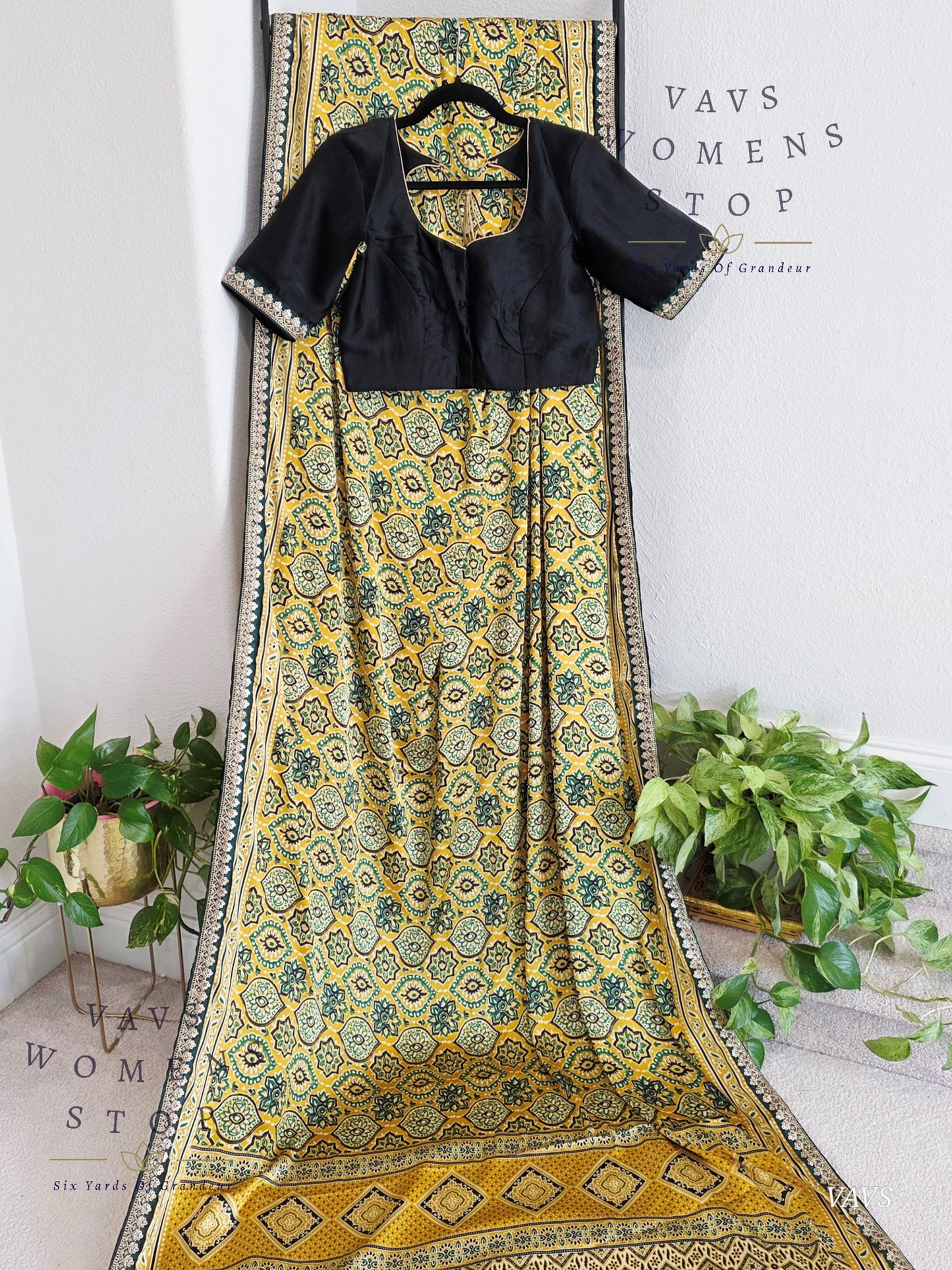 Ajrakh Print Satin Semi Crepe Silk Saree with Lace Border & Stitched Blouse