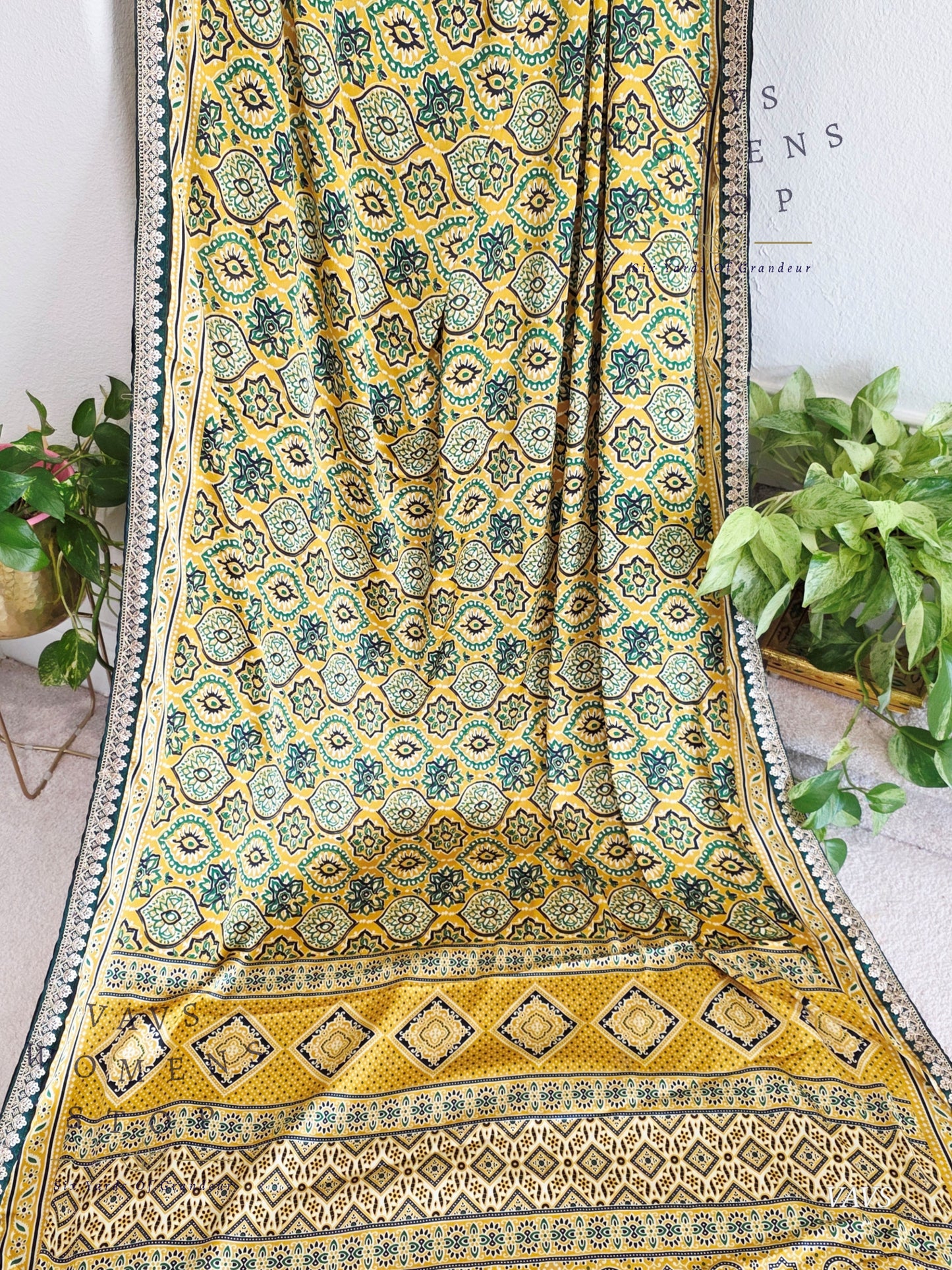 Ajrakh Print Satin Semi Crepe Silk Saree with Lace Border & Stitched Blouse