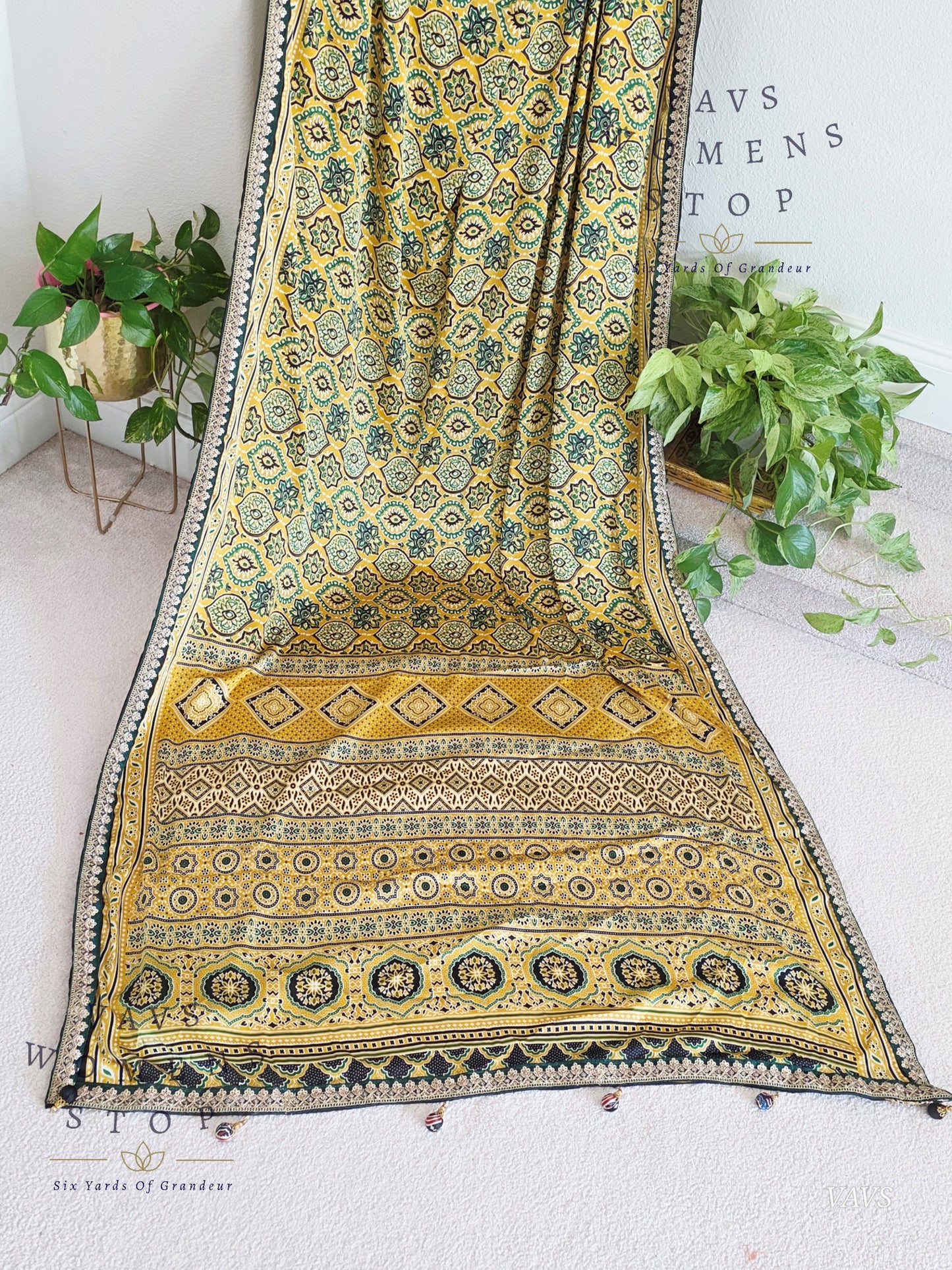 Ajrakh Print Satin Semi Crepe Silk Saree with Lace Border & Stitched Blouse