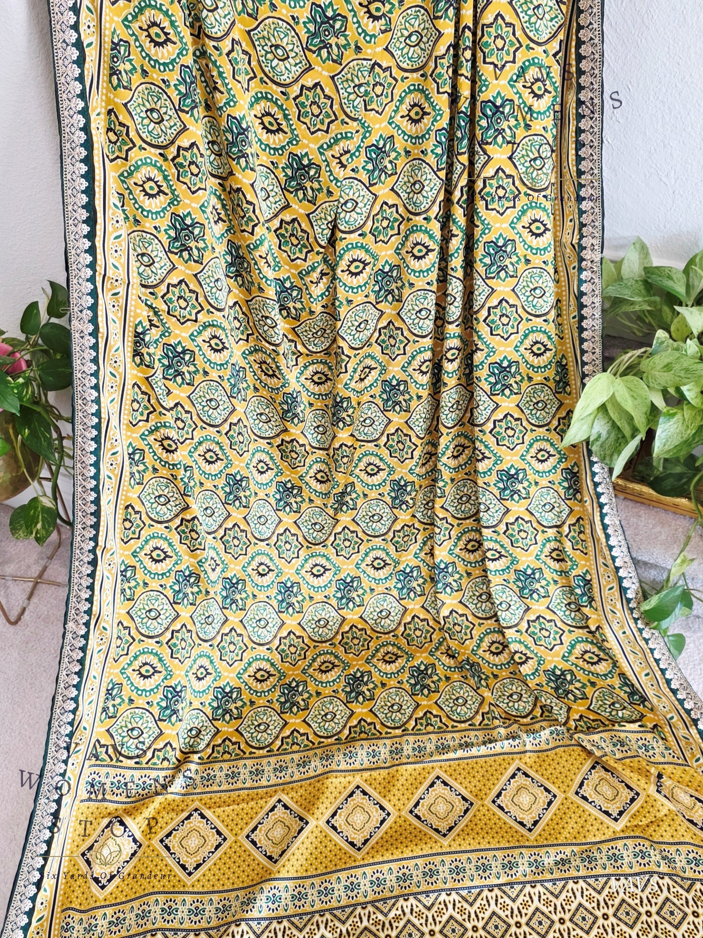 Ajrakh Print Satin Semi Crepe Silk Saree with Lace Border & Stitched Blouse