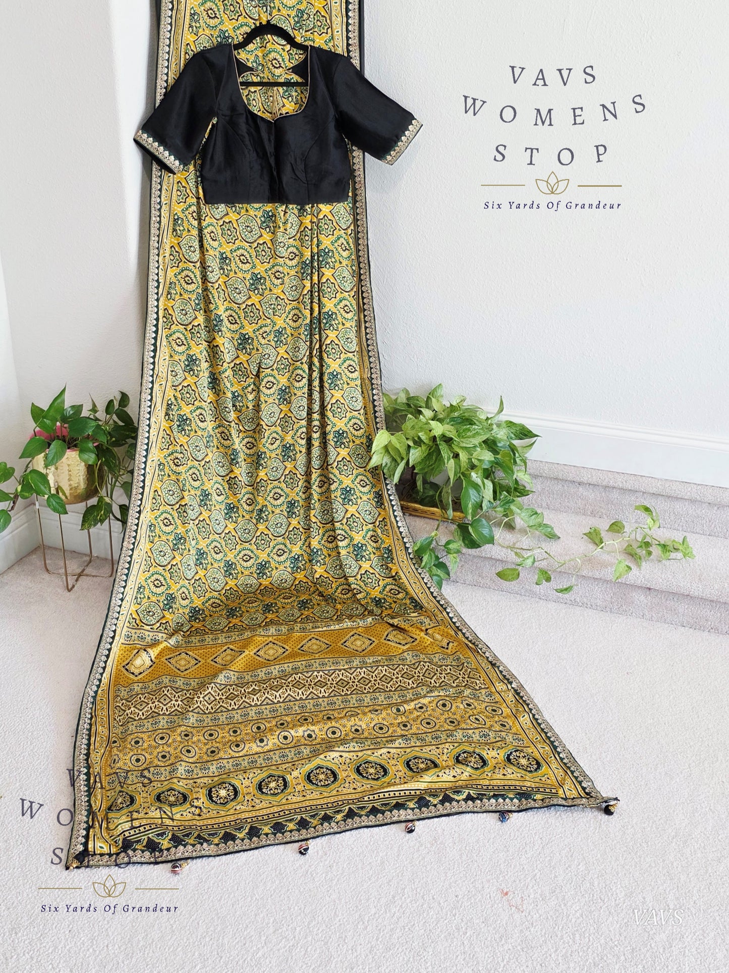 Ajrakh Print Satin Semi Crepe Silk Saree with Lace Border & Stitched Blouse