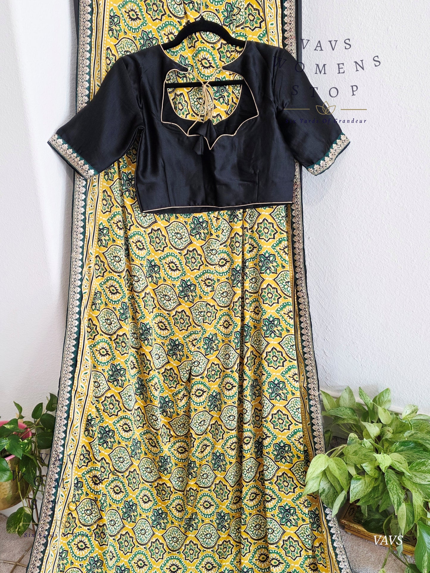 Ajrakh Print Satin Semi Crepe Silk Saree with Lace Border & Stitched Blouse