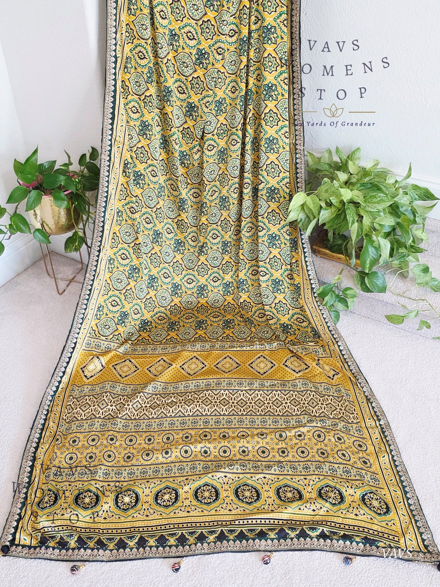 Ajrakh Print Satin Semi Crepe Silk Saree with Lace Border & Stitched Blouse