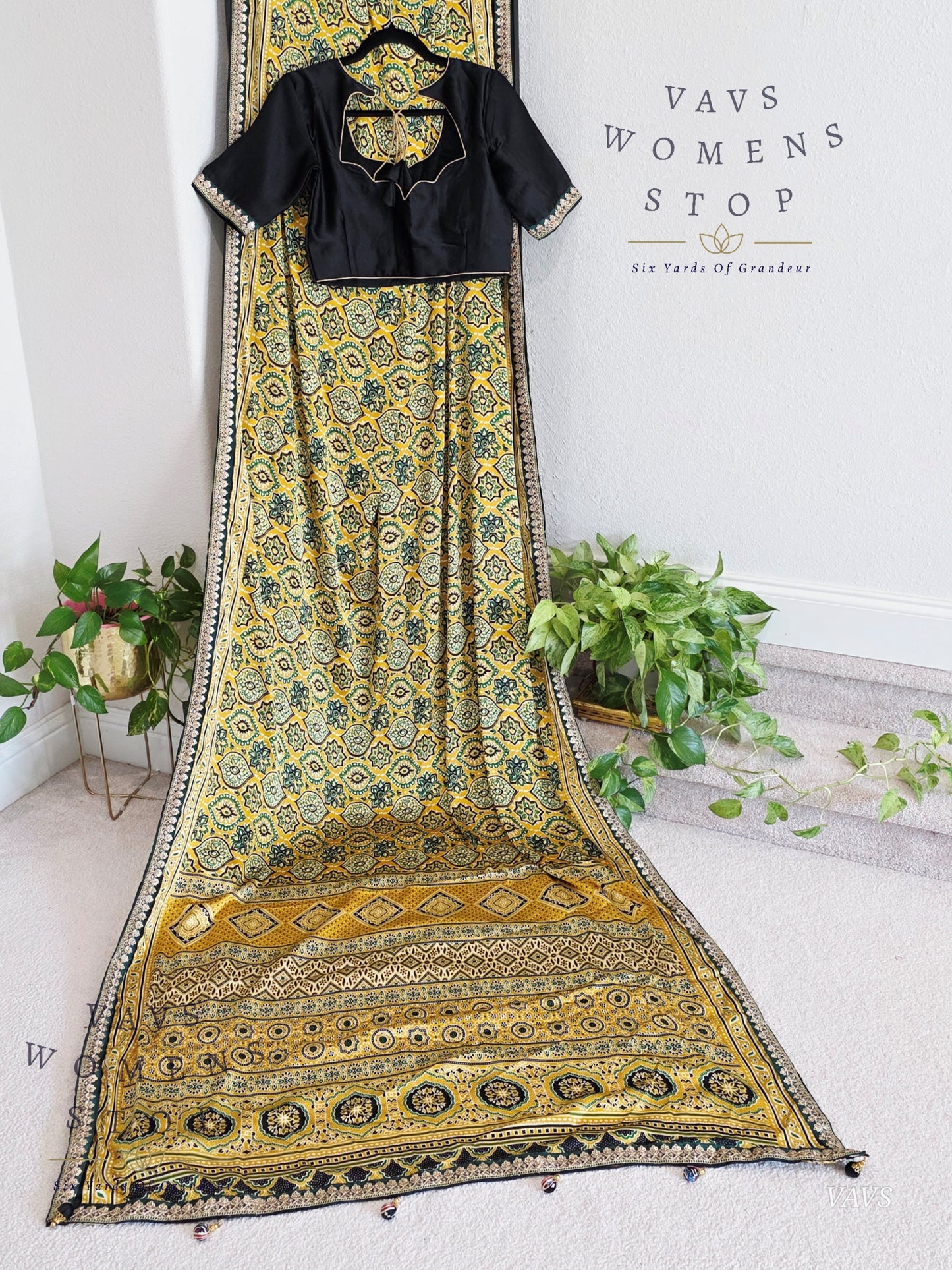 Ajrakh Print Satin Semi Crepe Silk Saree with Lace Border & Stitched Blouse