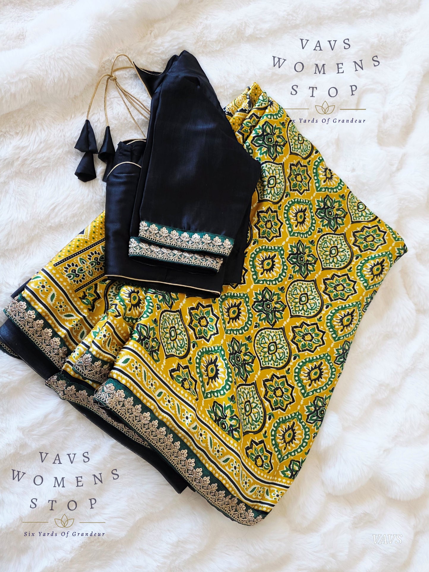 Ajrakh Print Satin Semi Crepe Silk Saree with Lace Border & Stitched Blouse