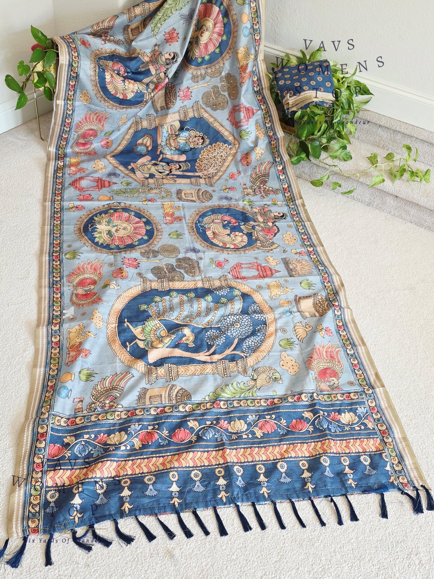 Kalamkari Print Semi Tussar Silk Saree with Outline Embroidery | Lightweight Designer Saree |  Women’s Stop 
