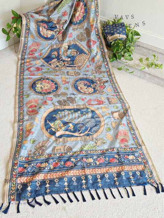 Kalamkari Print Semi Tussar Silk Saree with Outline Embroidery | Lightweight Designer Saree |  Women’s Stop 