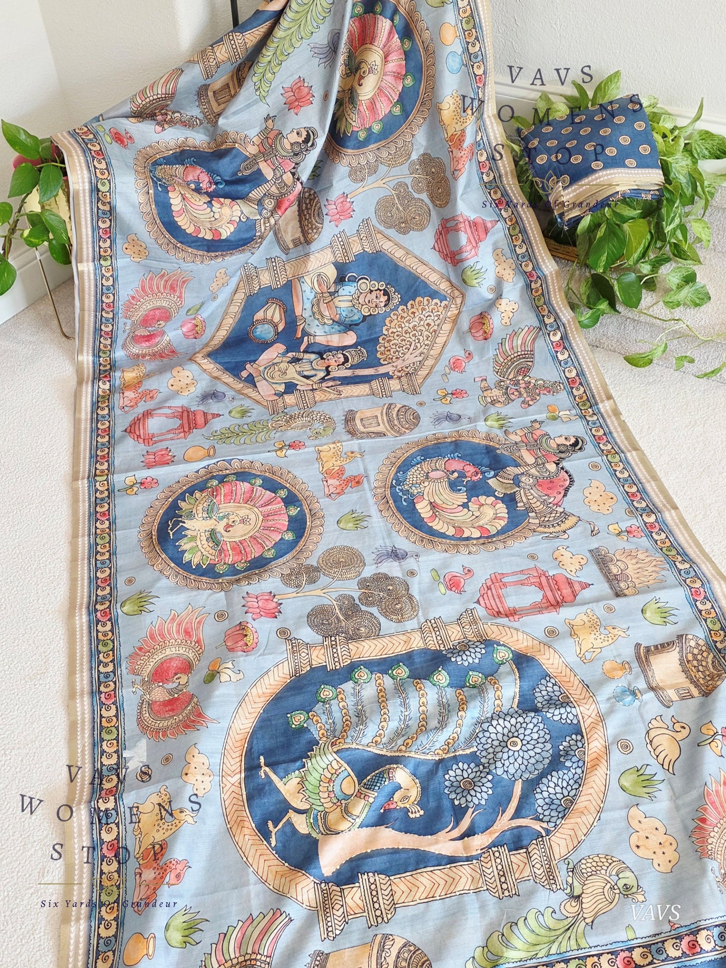 Kalamkari Print Outline Embroidery Lightweight Semi Tussar Silk Saree | Elegant Traditional Wear |