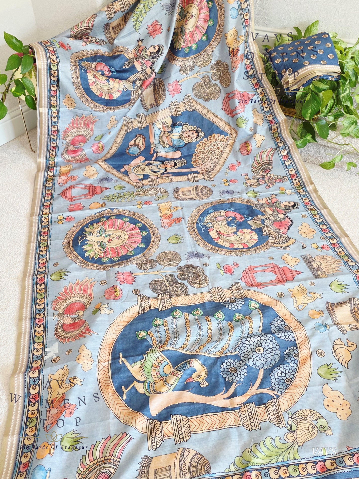 Kalamkari Print Outline Embroidery Lightweight Semi Tussar Silk Saree | Elegant Traditional Wear |