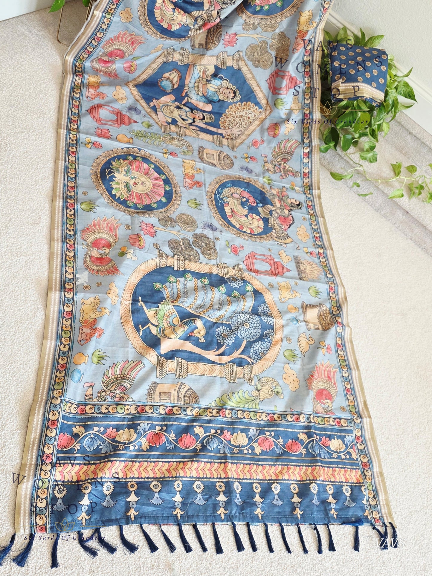 Kalamkari Print Outline Embroidery Lightweight Semi Tussar Silk Saree | Elegant Traditional Wear |