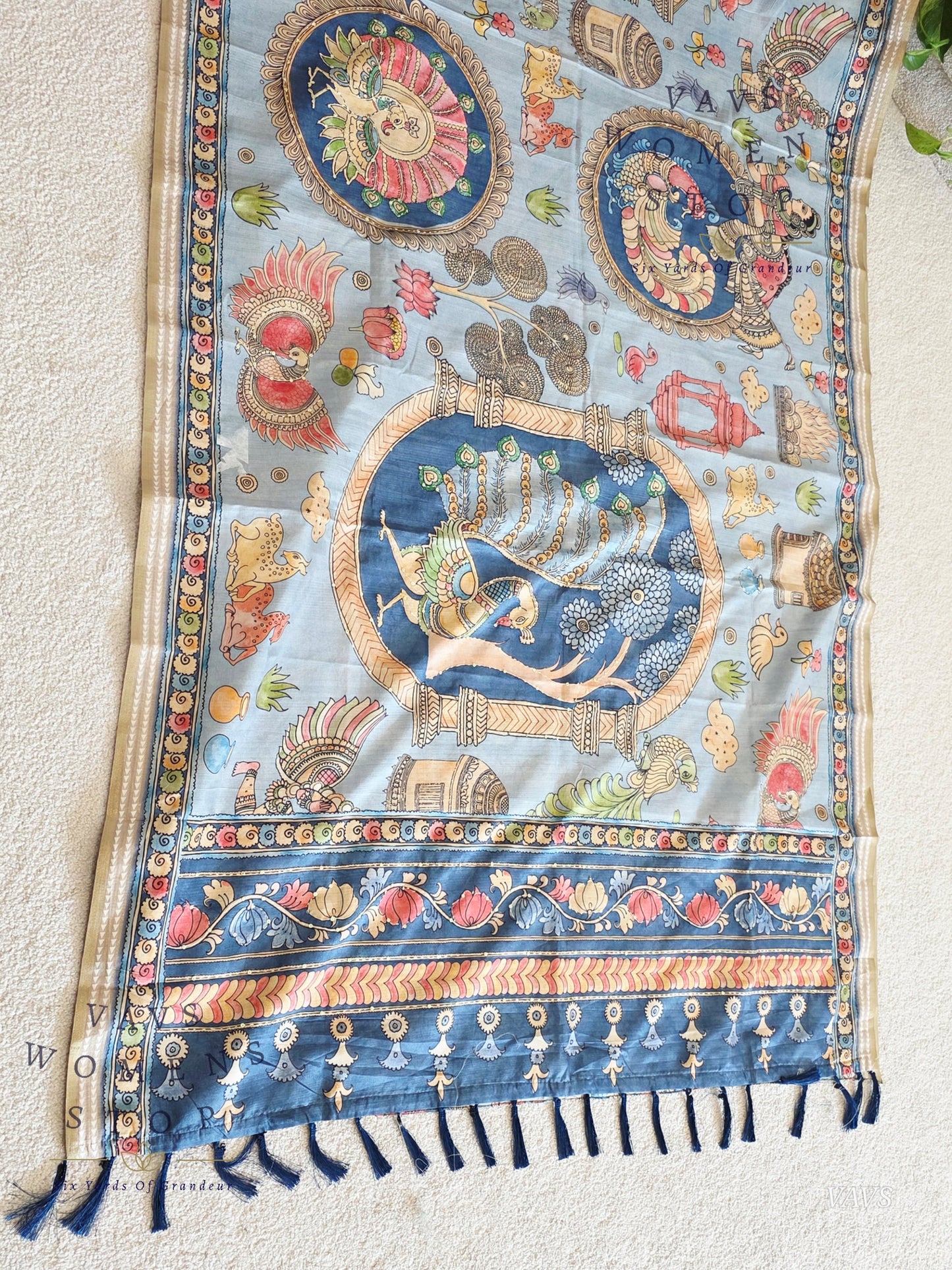 Kalamkari Print Outline Embroidery Lightweight Semi Tussar Silk Saree | Elegant Traditional Wear |